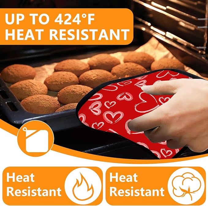 White Love Hearts Oven Mitts and Pot Holders Sets 4Pcs,Extra Long Oven Gloves Potholder for Kitchen Cooking Baking BBQ 100% Cotton Heat Resistant - Image 4