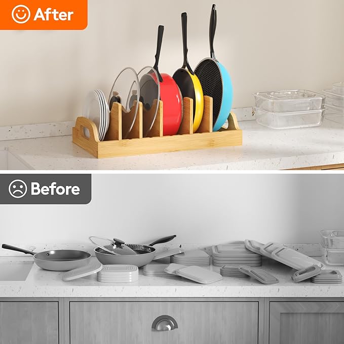 Lifewit Bamboo Pot Lid Organizers for Inside Cabinet, Pan Lid Holder with 6 adjustable Inserts & 7 Sections, Kitchen Pantry organizer and storage, Extra Large, 15.6" X 8.1"/40 x 21cm - Image 7