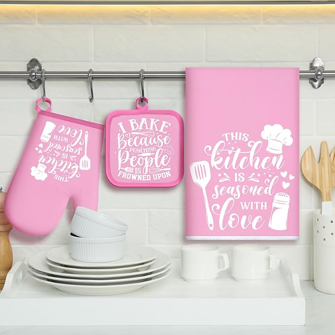 Sratte 6 Pcs Kitchen Decor Accessories Set Farmhouse Towels Pot Holders Oven Mitts Set 2 Dish Towels 2 Potholders 2 Cooking Mittens Oven Glove for Baking Cooking(Light Pink,Kitchen) - Image 2