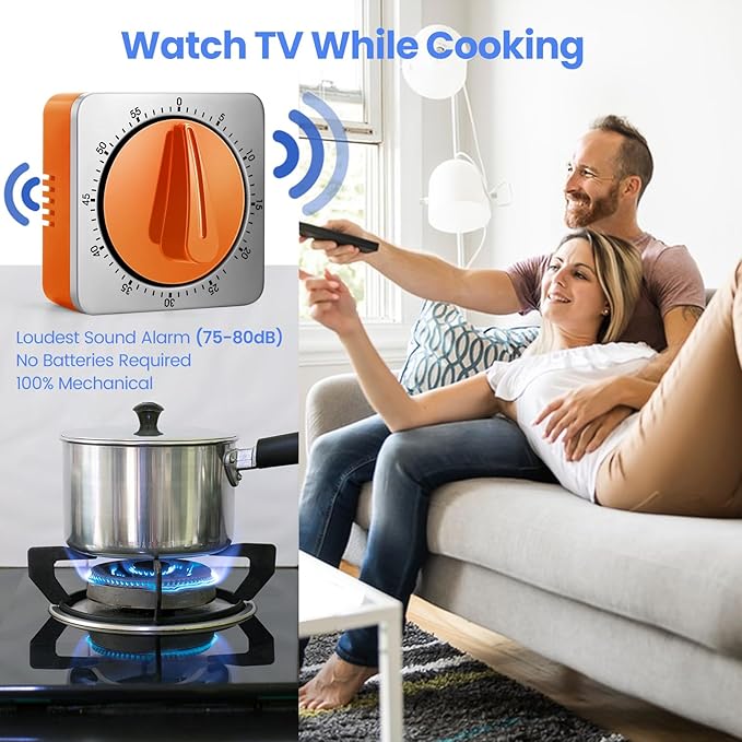 Orange Kitchen Timers for Cooking, Chef Cooking Timer Clock with Loud Alarm,100% Mechanical Desk Timer - No Batteries Required - Magnetic Backing, Exquisite Stainless Steel Body - Countdown Reminder - Image 8