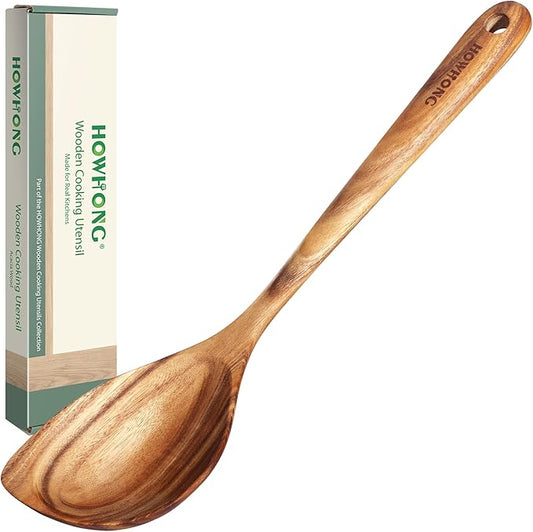 HOWHONG Corner Spoon Wooden Cooking Utensil, Long Handle Acacia Wood Spoon for Cooking, Large Head for Pan Edges, Smooth Finish, Nonstick Cookware Safe, Bare Wood Feel for Daily Kitchen Use