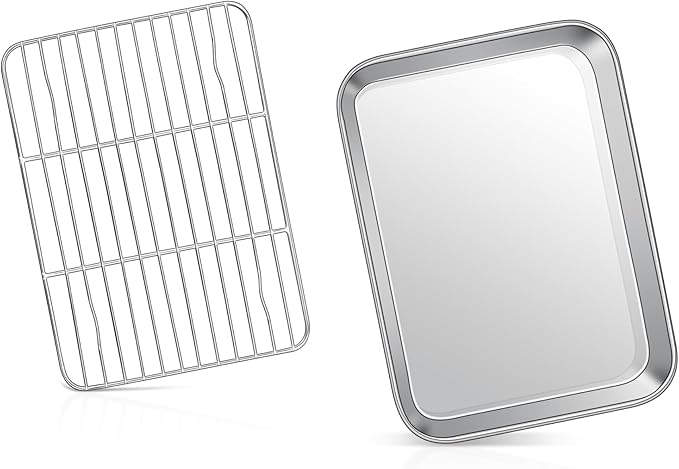 9 Inch Baking Sheet Pan with Rack Set, Joyfair Stainless Steel Toaster Oven Pans Tray & Cooling Racks for Cookie/Jelly Roll/Bacon/Meat, Commercial Metal & Rust-free, Dishwasher Safe by Joyfair
