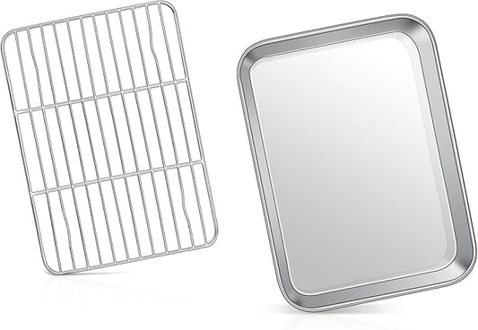 9 Inch Baking Sheet Pan with Rack Set, Joyfair Stainless Steel Toaster Oven Pans Tray & Cooling Racks for Cookie/Jelly Roll/Bacon/Meat, Commercial Metal & Rust-free, Dishwasher Safe by Joyfair