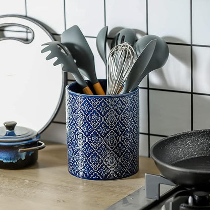 KOOV Kitchen Utensil Holder, Large Utensil Holders for Countertop, 6 x 7 Inches Ceramic Utensil Crock, Deep and Stable, Cooking Utensil Holder, Embossed Pattern (BLue) - Image 4