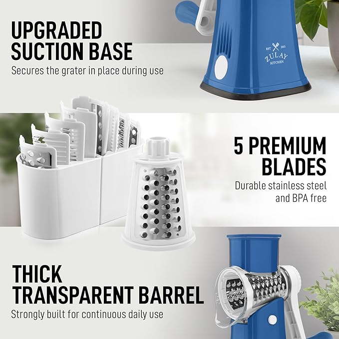 Zulay Kitchen Rotary Cheese Grater 5 Blade Cheese Shredder - Manual Hand Crank Cheese Grater With Reinforced Suction & 5 Interchangeable Drums - Easy to Use, Vegetable Chopper Round Mandoline Slicer - Image 7
