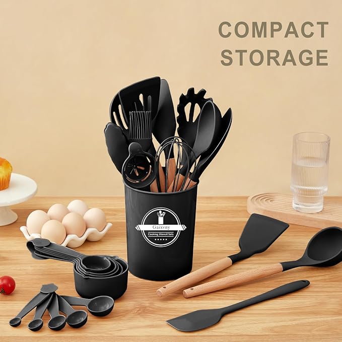 Kitchen Utensils Set - 34 PCS Non-Stick Silicone Cooking Utensils Set Spatula Set with Holder, Wooden Handle Spoon,Brush,Whisk Kitchen Gadgets Tools Set for Nonstick Cookware (Black-34P) - Image 8