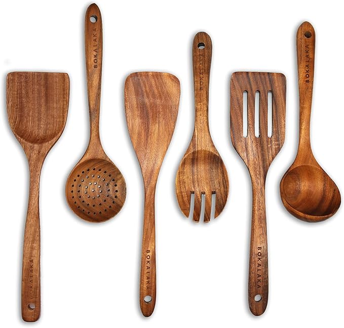GreyWooden Kitchen Utensil Set, 6Pcs Wooden Cooking Utensils for Non-Stick Pan, 100% Natural Teak Wooden Spatula by BOKALAKA