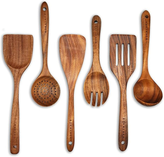 GreyWooden Kitchen Utensil Set, 6Pcs Wooden Cooking Utensils for Non-Stick Pan, 100% Natural Teak Wooden Spatula by BOKALAKA