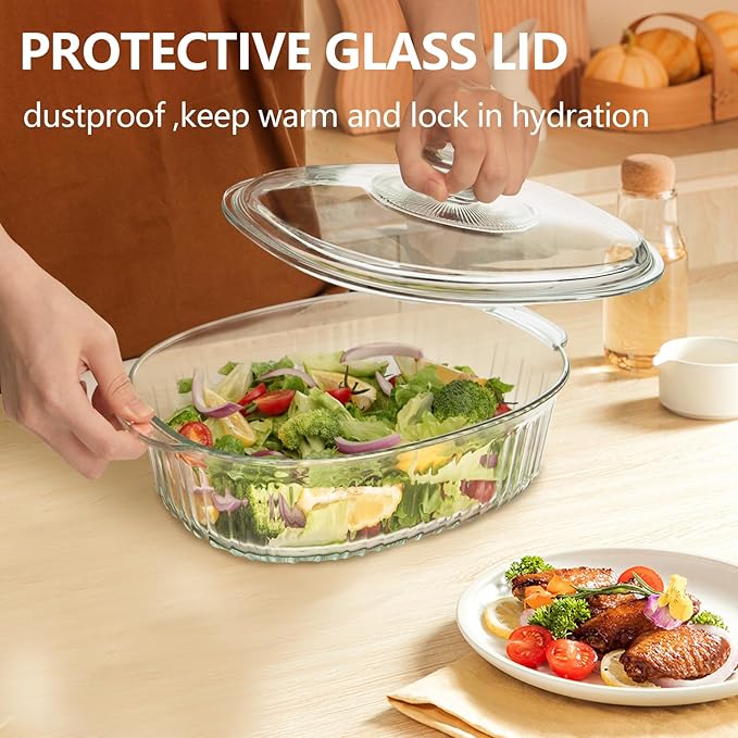 Luvan 2.8L/3Qt Glass Casserole Dish with Lid, Ribbed Oval Glass Baking Dish for Oven & Microwave, Clear Lead-Free Covered Casserole Cookware, Versatile Deep Glasses Food Container for Baking, Cooking - Image 6