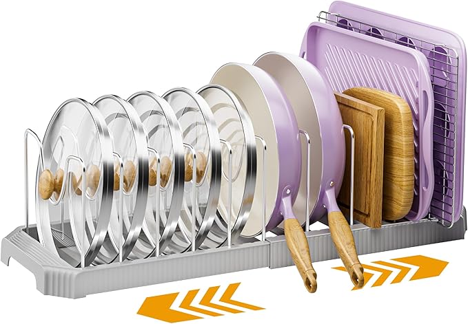 MUDEELA Pot Lid Organizer Rack for Cabinet, Expandable Pots and Pans Organizer under Cabinet with 12 Adjustable Dividers, Pan Organizers Holder inside Cabinet for Cutting Boards, Baking Sheets, Grey by MUDEELA