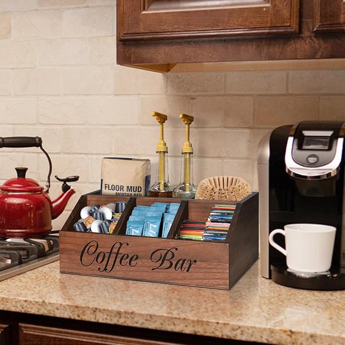 ugiftt Coffee Station Organizer for Counter, Wood Coffee Pods Holder Storage Basket, Tea Condiment Storage Organizer, Rustic Coffe Bar Decor for Accessories - Image 2