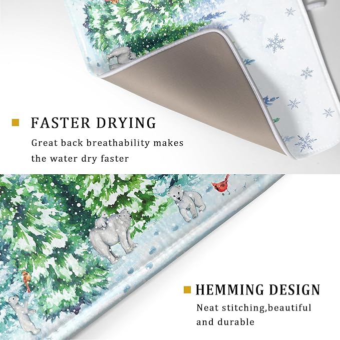 Winter Bear Bird Dish Drying Mat - Welcome Christmas Snowflake Drying Pad for Counter Forest Wildlife Dish Drainer Mat Cabin Animal Kitchen Accessories 18 x 24 Inch - Image 3