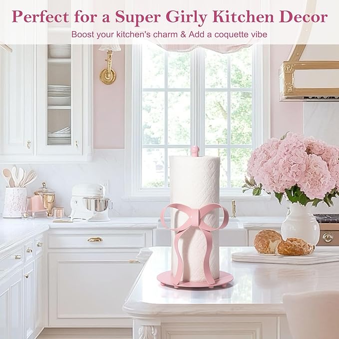 Pink Bow Paper Towel Holder Coutertop - Bow Accent Paper Towel Holder, Pink Kitchen Decor and Accessories, Coquette Room Decor Girly Gifts for Women, 3D Handmade Pattern, Weighted Base - Image 5