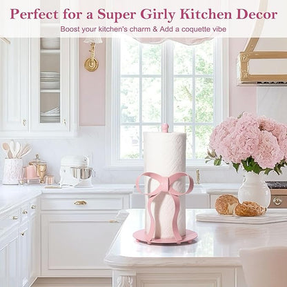 Pink Bow Paper Towel Holder Coutertop - Bow Accent Paper Towel Holder, Pink Kitchen Decor and Accessories, Coquette Room Decor Girly Gifts for Women, 3D Handmade Pattern, Weighted Base - Image 5