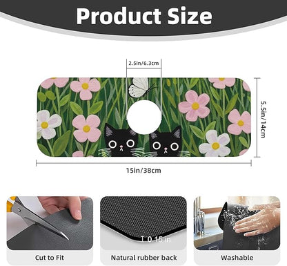 Pink Floral Cat Dish Drying Mat for Kitchen Counter, 18"x24" Microfiber Absorbent Fast Dry Mat, 2Pcs Dish Mat Faucet Mats Sets, Large Drying Kitchen Mat Kitchen Drying Pad Coffee Bar Decor Gifts