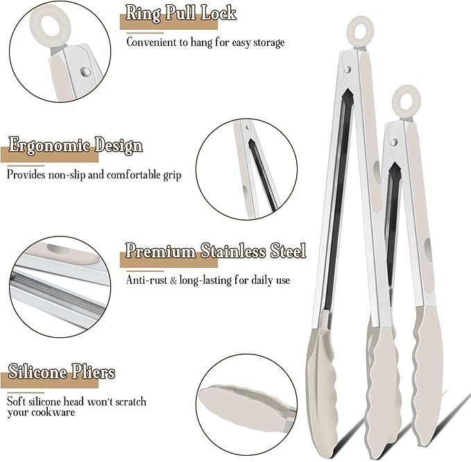 TeamFar Kitchen Tongs, 9" and 12" Stainless Steel Cooking Tongs with Silicone Tips for Cooking Grilling Serving & BBQ, Heat Resistant Silicone Tongs, Locking Design & Dishwasher Safe, Set of 2 & Khaki - Image 3