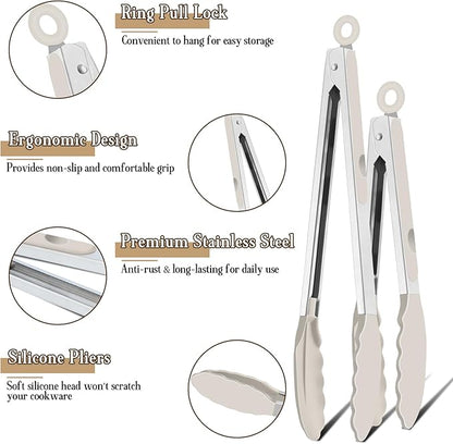 TeamFar Kitchen Tongs, 9" and 12" Stainless Steel Cooking Tongs with Silicone Tips for Cooking Grilling Serving & BBQ, Heat Resistant Silicone Tongs, Locking Design & Dishwasher Safe, Set of 2 & Khaki - Image 3