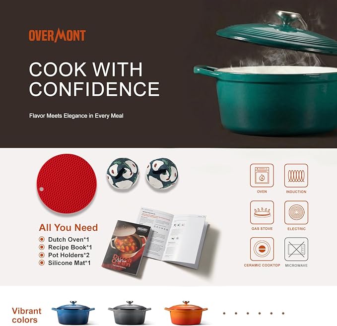 Overmont Enameled Cast Iron Dutch Oven - 5.5QT Pot with Lid Cookbook & Cotton Potholders - Heavy-Duty Cookware for Braising, Stews, Roasting, Sourdough Baking Bottle green - Image 6
