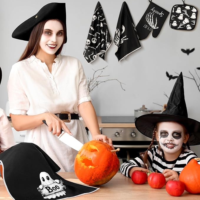 Leinuosen 8 Pcs Skull Kitchen Decor Set Kitchen Towels Gothic Oven Mitts and Pot Holders Skeleton Hand Dish Towels Horror Oven Mitts for Home Decoration Party Gifts (Vintage Color,Ghost) - Image 4