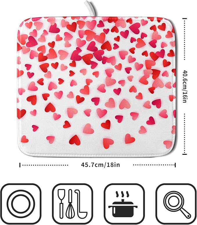 Valentines Dish Drying Mat for Kitchen Counter Hearts Holiday Microfiber Absorbent Dish Draining Reusable Washable Foldable 16"x18" - Image 2