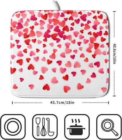 Valentines Dish Drying Mat for Kitchen Counter Hearts Holiday Microfiber Absorbent Dish Draining Reusable Washable Foldable 16"x18" - Image 2