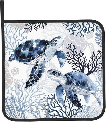 Coastal Oven Mitts and Pot Holders Sets of 2 Summer Kitchen Mitts Blue Sea Turtle Hot Pads for Cooking Baking Grilling - Image 9