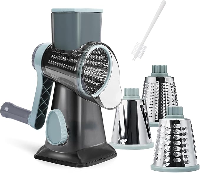 Cheese Grater Hand Crank, Manual Cheese Shredder with 3 Interchangeable Blades, Rotary Cheese Grater with Strong Suction Base, Easy to Use and Clean, GreyBlue by REDPANT