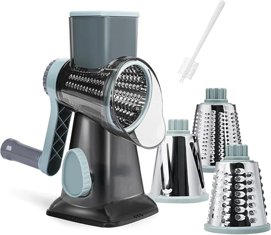 Cheese Grater Hand Crank, Manual Cheese Shredder with 3 Interchangeable Blades, Rotary Cheese Grater with Strong Suction Base, Easy to Use and Clean, GreyBlue by REDPANT
