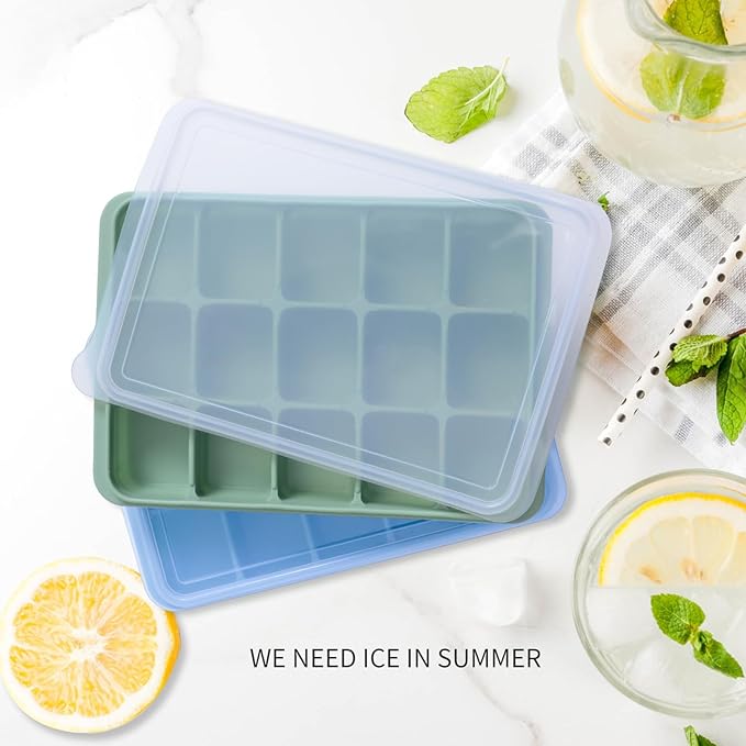 Ice Cube Trays Set of 2, Easy Release 15 Flexible Silicone Ice Cube Molds with Removable Lid Reusable Freezer Ice Trays Stackable for Whiskey, Baby Food, BPA Free (BLUE+GREEN) - Image 2