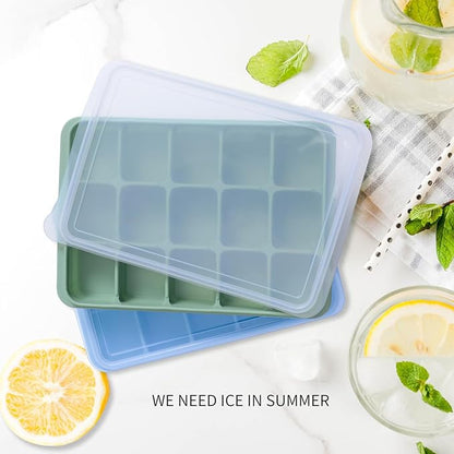 Ice Cube Trays Set of 2, Easy Release 15 Flexible Silicone Ice Cube Molds with Removable Lid Reusable Freezer Ice Trays Stackable for Whiskey, Baby Food, BPA Free (BLUE+GREEN) - Image 2