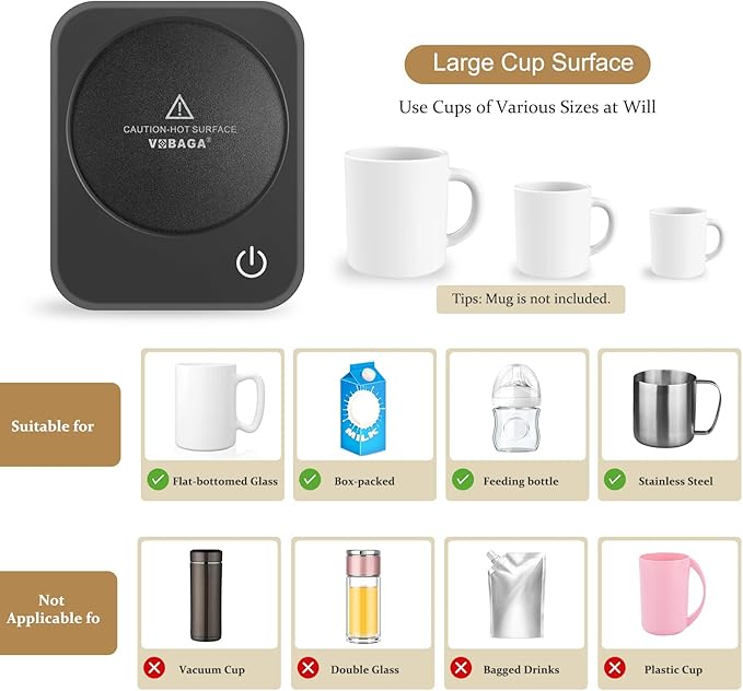 VOBAGA Coffee Mug Warmer for Desk with Auto Shut Off & 3-Temp Settings, Coffee Cup Warmer with Smart Safety Alert Home Office Accessory, Perfect for Coffee, Tea, Milk (Mug for Display) - Image 8