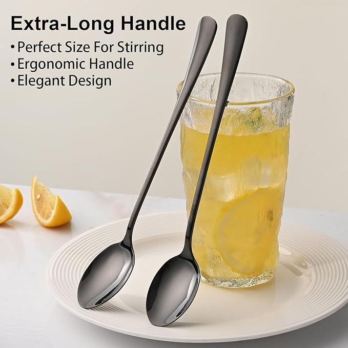 7.5 Inches Black Coffee Stirring Spoons Set,Set Of 8 Stanless Steel Iced Teaspoons,Long Handle Mixing Spoons For Cocktail And Sundae,Long Ice Cream Spoons - Image 4