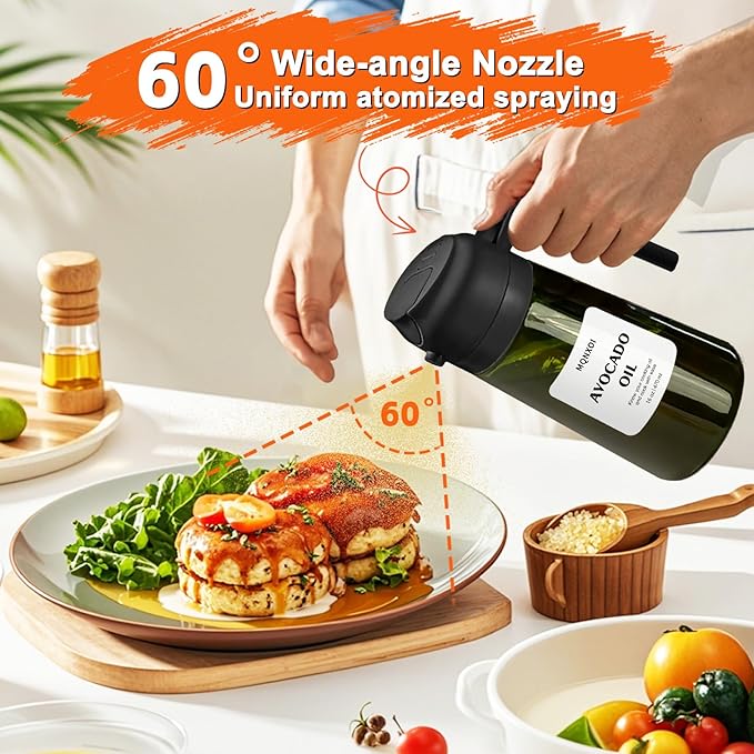 mqnxoi Oil Sprayer for Cooking, 2 in 1 Olive Oil Dispenser Bottle for Kitchen, 16oz/470ml Premium Glass, Food-grade Oil Mister for Air Fryer, Salad, Frying, BBQ (Black + Dark Green Bottle) - Image 4