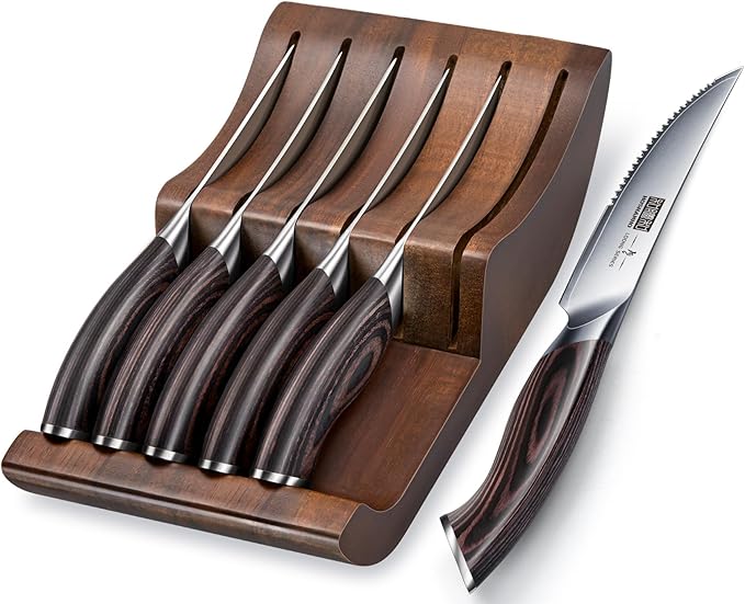 HOSHANHO Steak Knives Set of 6 with Block, 4.5 Inch Serrated Steak Knife Set, Japanese High Carbon Steel Kitchen Steak Knives with Ergonomic Handle