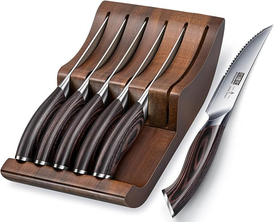 HOSHANHO Steak Knives Set of 6 with Block, 4.5 Inch Serrated Steak Knife Set, Japanese High Carbon Steel Kitchen Steak Knives with Ergonomic Handle