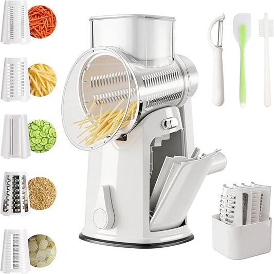 The CoveCarol rotary cheese grater comes with 5 blades and 3 tools: a round mandolin slicer and a food shredder. Suitable for fruits, vegetables, nuts, etc., it includes a blade storage box. (White)
