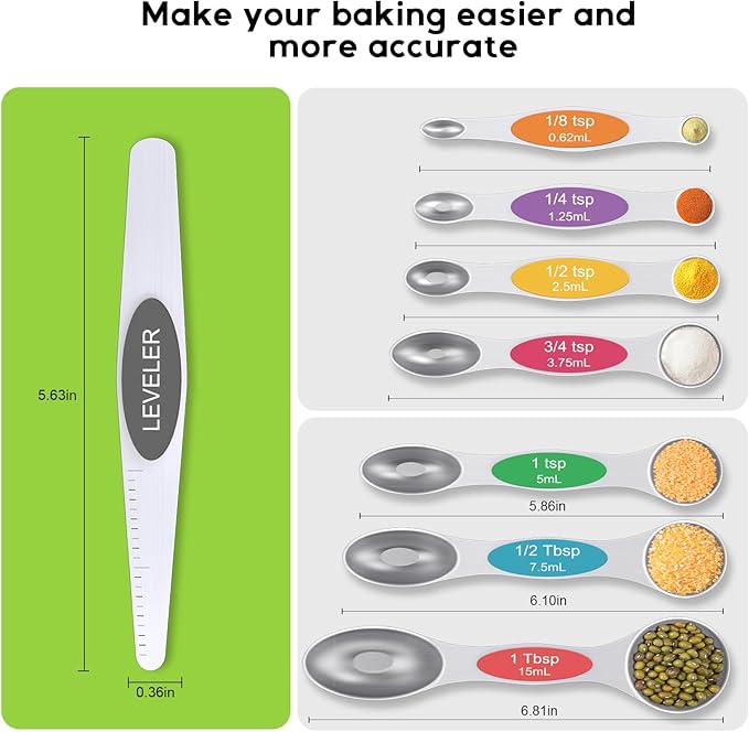 Magnetic Measuring Spoons Set Of 8, Heavy Duty 304 Stainless Steel Metal, Fits in Most Kitchen Spice Jars for Baking & Cooking, BPA Free,Measuring Dry & Liquid Ingredients Rainbow) - Image 8