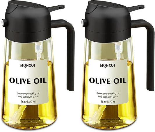 mqnxoi 2 in 1 Glass Oil Sprayer & Dispenser,16oz/470ml Olive Cooking, Air Fryer, and Salad, for Kitchen Gadgets and Air Fryer Accessories, w/Stickers (Black + White Bottle 2) by Unknown