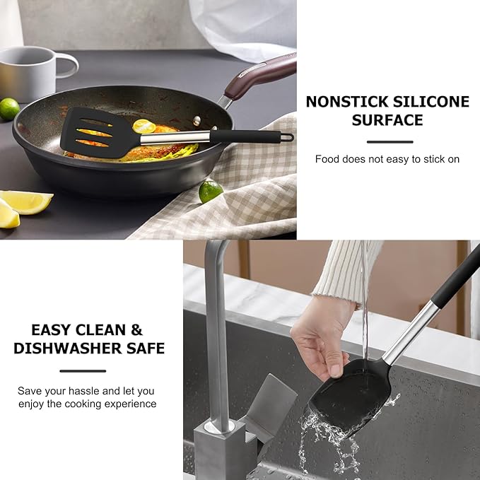 TeamFar Kitchen Utensils, 4 PCS Silicone Cooking Utensils Spatula Spoon Set with Stainless Steel Handle, for Frying Mixing Draining Turning, Healthy & Heat-proof, Non-stick & Dishwasher Safe - Black - Image 6