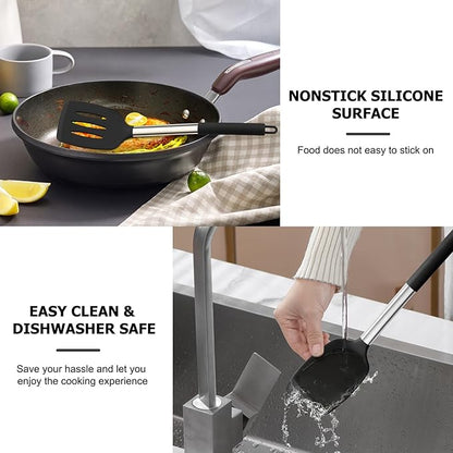 TeamFar Kitchen Utensils, 4 PCS Silicone Cooking Utensils Spatula Spoon Set with Stainless Steel Handle, for Frying Mixing Draining Turning, Healthy & Heat-proof, Non-stick & Dishwasher Safe - Black - Image 6