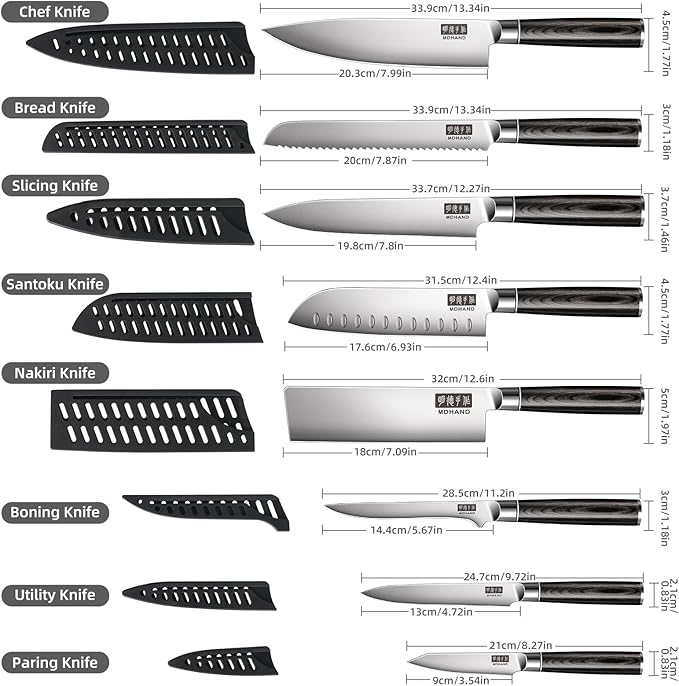 MDHAND Chef Knife Set with Roll Bag, 9PCS Professional Knife Sets with Sharpener, High Carbon Stainless Steel Japanese Kitchen Knives - Black Pakkawood Handle, Dishwasher Safe, For Cooking, Chef Gifts