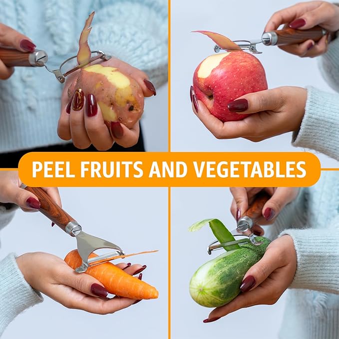 Potato Peeler Wooden Handle, Y Peeler Multifunctional Vegetable Peeler, Rosewood & Stainless Steel, Ultra Sharp Swivel Blade, Fruit & Veggie Peeler, Eye Remover