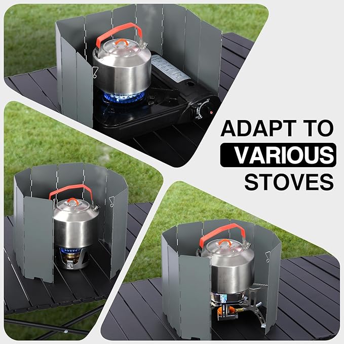 REDCAMP 10 Plates Folding Camping Stove Wind Screen, Heavy-Duty Iron Outdoor Wind Blocker with Carry Bag, Lightweight Foldable Shield for Butane Burner, Grey