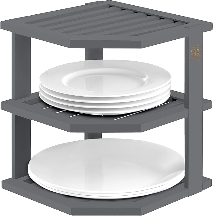 Bambüsi Plate Organizer for Cabinet - Corner Cabinet Organizer and Kitchen Cabinet Organizer Shelf, Kitchen Countertop Organizer for Plates, Dishes and Bowls, Space Saving Corner Rack, Grey by Bamb%C3%BCsi
