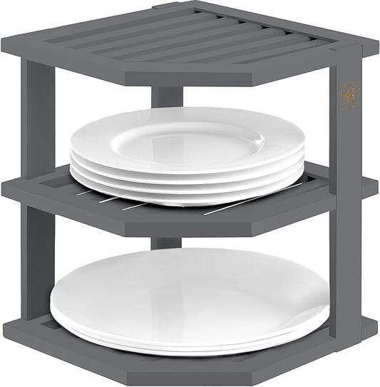 Bambüsi Plate Organizer for Cabinet - Corner Cabinet Organizer and Kitchen Cabinet Organizer Shelf, Kitchen Countertop Organizer for Plates, Dishes and Bowls, Space Saving Corner Rack, Grey by Bamb%C3%BCsi
