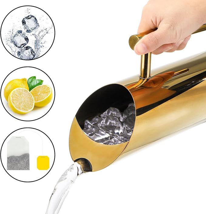 Hiceeden Stainless Steel Water Pitcher, 53oz/1.5L Modern Metal Pitcher with Ice Guard, Gold Carafe Drink Jug with Handle, Homemade Beverage Container for Iced/Hot Tea, Juice, Coffee, Milk - Image 3