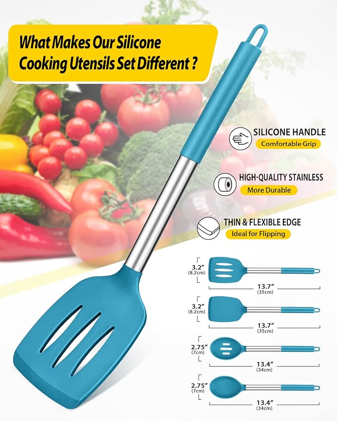 Pack of 4 Silicone Cooking Utensils Set, Non Stick Large Solid Spatulas, Heat Resistant Blue Slotted Spoons, Ideal BPA Free Kitchen Turners for Frying, Mixing,Serving,Draining,Turning,Stirring - Image 2