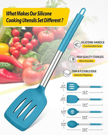 Pack of 4 Silicone Cooking Utensils Set, Non Stick Large Solid Spatulas, Heat Resistant Blue Slotted Spoons, Ideal BPA Free Kitchen Turners for Frying, Mixing,Serving,Draining,Turning,Stirring - Image 2