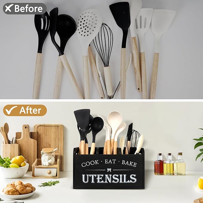 Farmhouse Cooking Utensils Organizer - Kitchen Utensil Holder Black Rustic Solid Wood Countertop Utensil Holder, 3 Compartment Spoon Holder for Kitchen Decor - Image 4