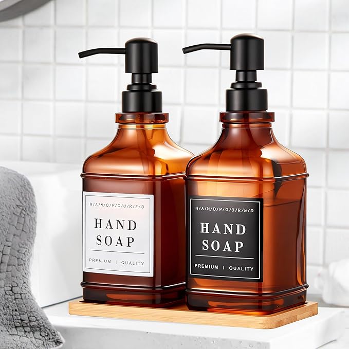Amber Glass Soap Dispenser with Pump,Tray,Funnel, Countertop Soap and Lotion Dispenser Set of 2 with 60 Stickers, Dish and Hand Soap Dispenser Bottle for Kitchen,Bathroom,Shower,500ml/16.9oz
